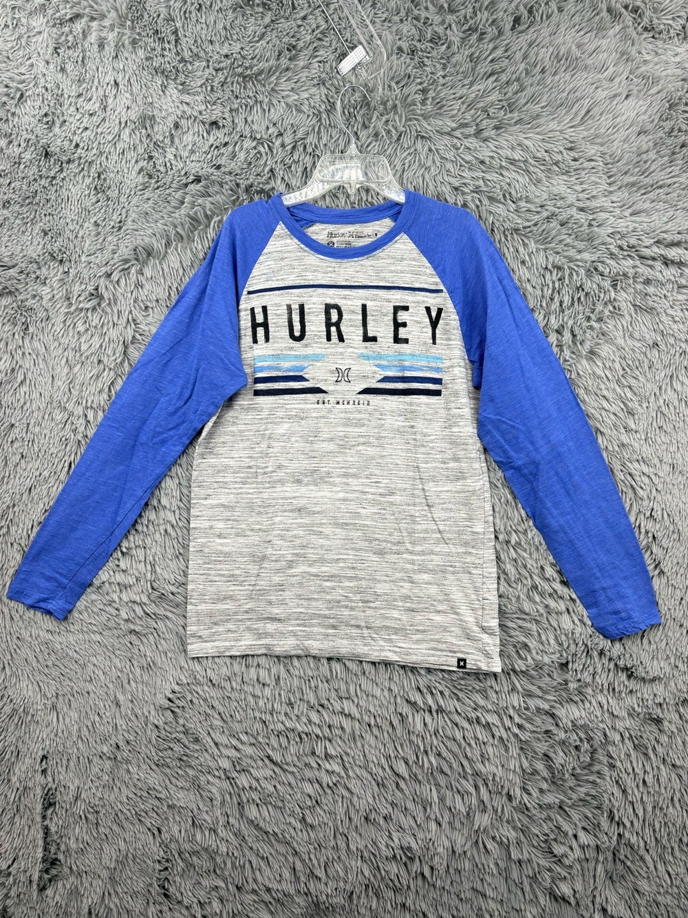 Hurley Raglan Tshirt Mens Medium Blue Gray Premium Fit Graphic Tee Heathered